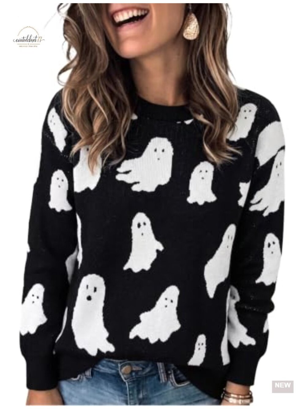 Women's Halloween Ghost Graphic Pullover Sweater Long Sleeve Crew Neck